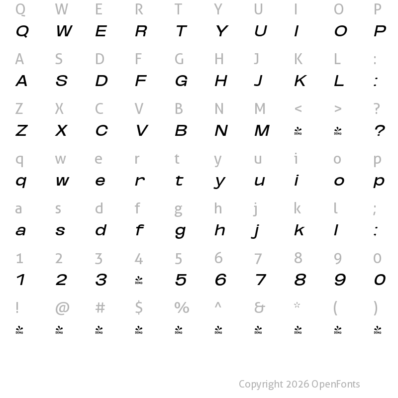 Character Map of FONTSPRING DEMO - Med ExtExp UtObli Italic