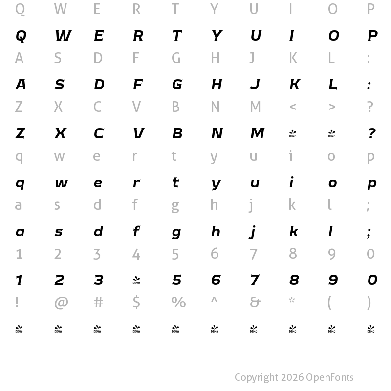 Character Map of FONTSPRING DEMO - Meguro Serif Bold Italic