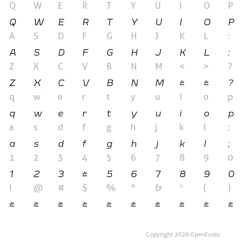 Character Map of FONTSPRING DEMO - Meguro Serif Italic