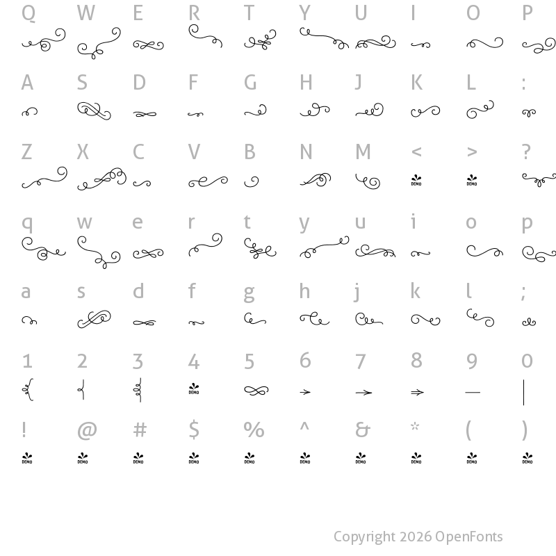 Character Map of FONTSPRING DEMO - Melany Lane Ornaments Regular