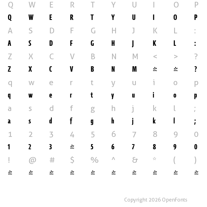 Character Map of FONTSPRING DEMO - Mellnik Cond Bold Regular