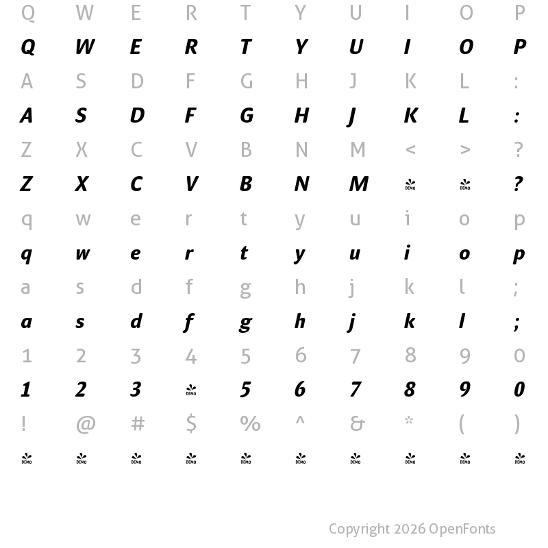 Character Map of FONTSPRING DEMO - Mellow Sans Bold Italic
