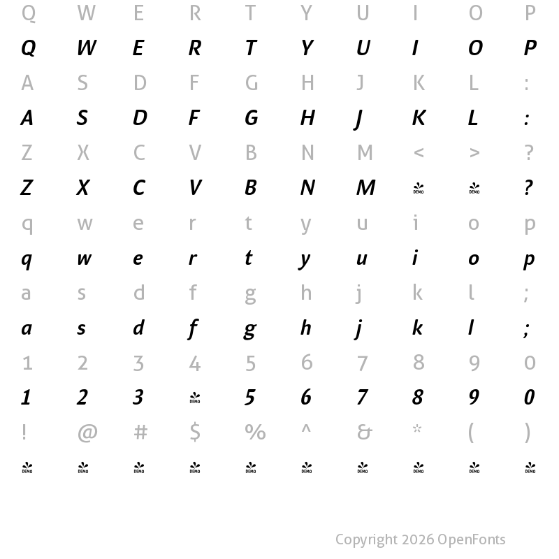 Character Map of FONTSPRING DEMO - Mellow Sans Semibold Italic