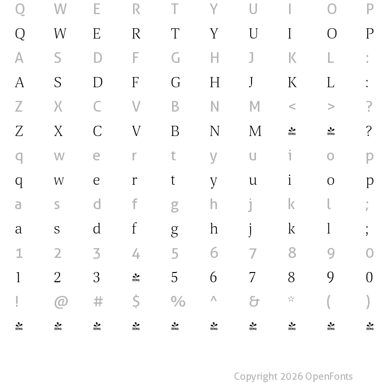 Character Map of FONTSPRING DEMO - Mellow Serif Light Regular