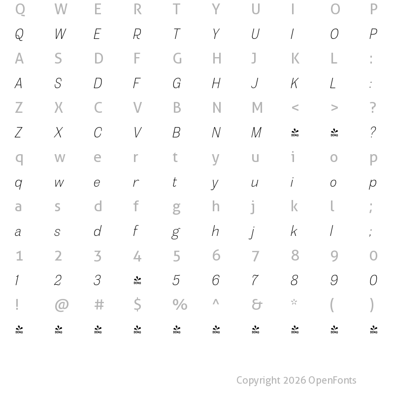 Character Map of FONTSPRING DEMO - Meloche El Italic