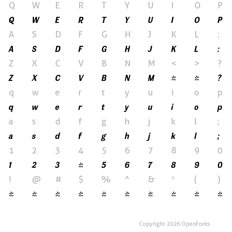 Character Map of FONTSPRING DEMO - Meloche Rg Bold Italic