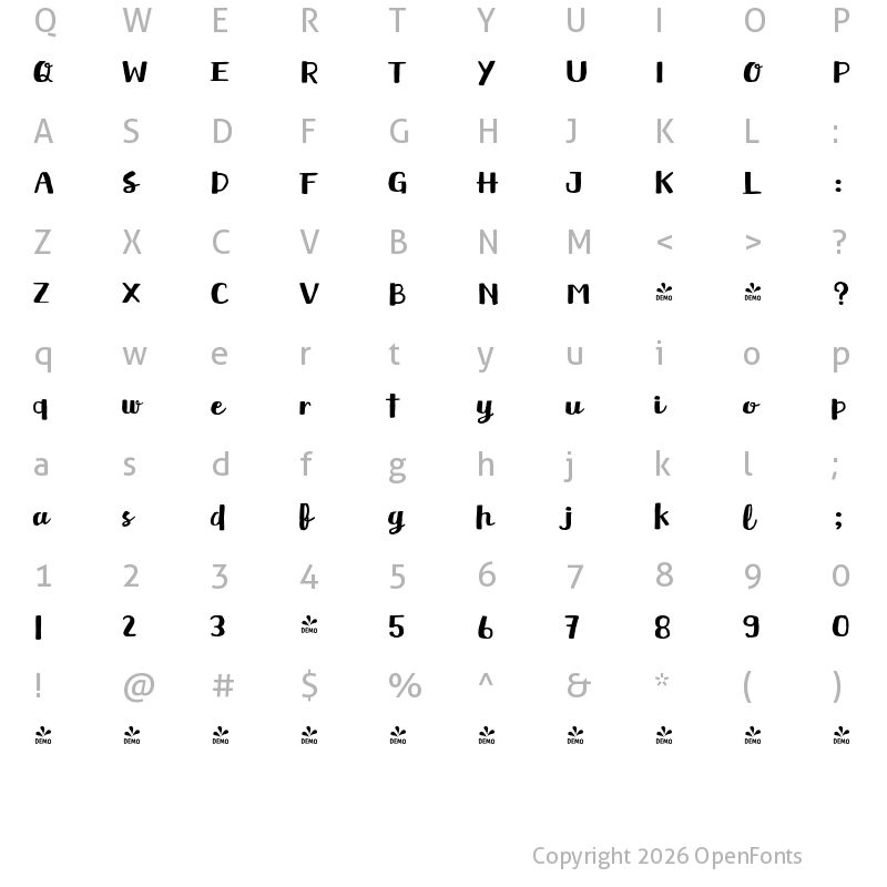 Character Map of FONTSPRING DEMO - Meltow Brush Regular