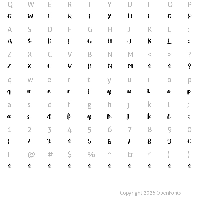 Character Map of FONTSPRING DEMO - Meltow Brush Rust Regular