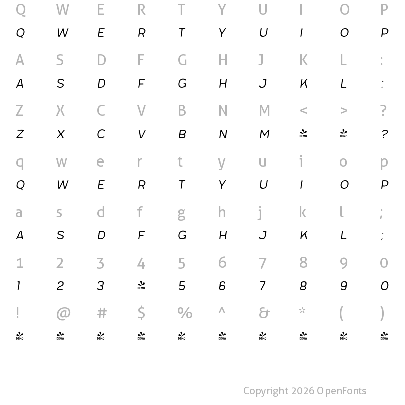 Character Map of FONTSPRING DEMO - Meltow San 100 Handmade Italic