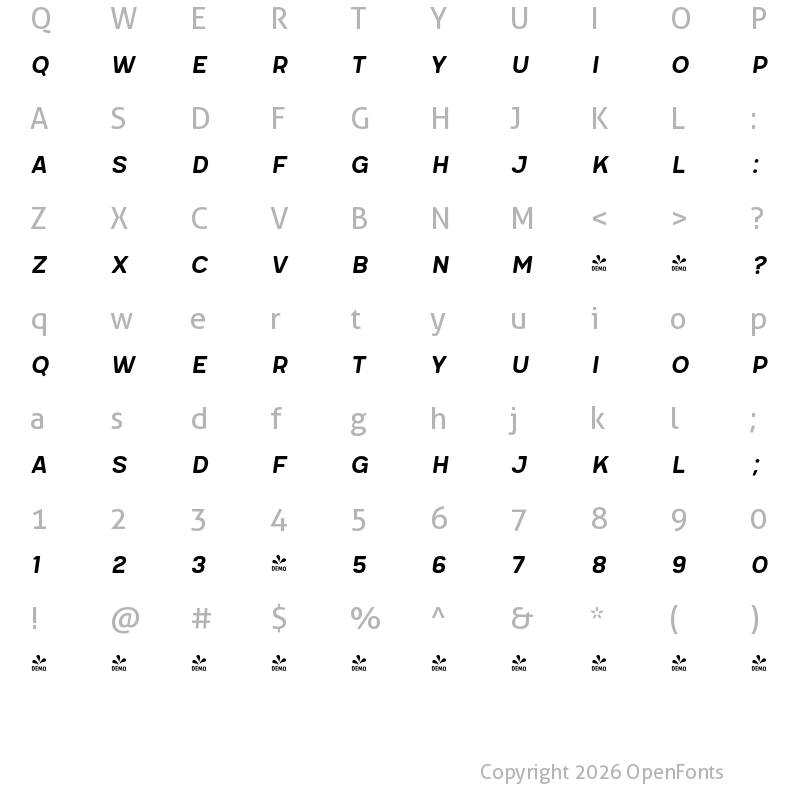 Character Map of FONTSPRING DEMO - Meltow San 200 2 Italic