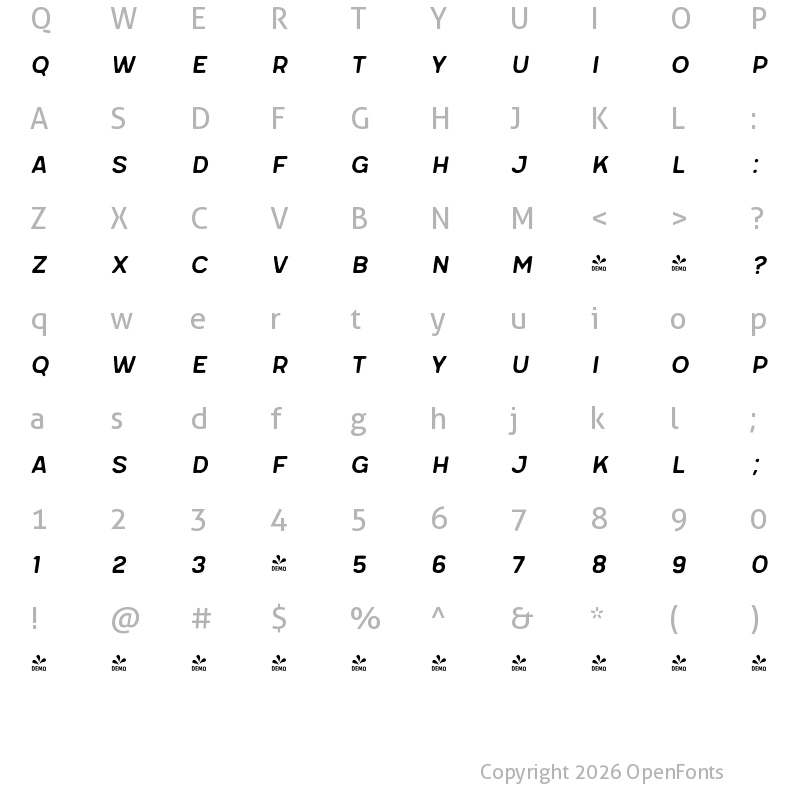 Character Map of FONTSPRING DEMO - Meltow San 200 Handmade Italic