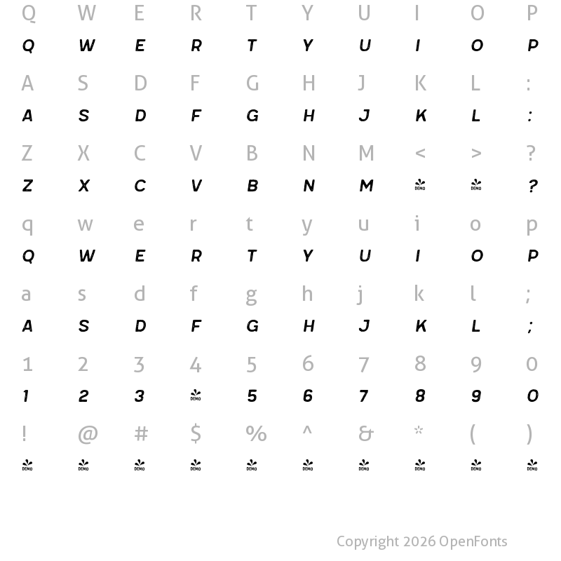 Character Map of FONTSPRING DEMO - Meltow San 200 Italic