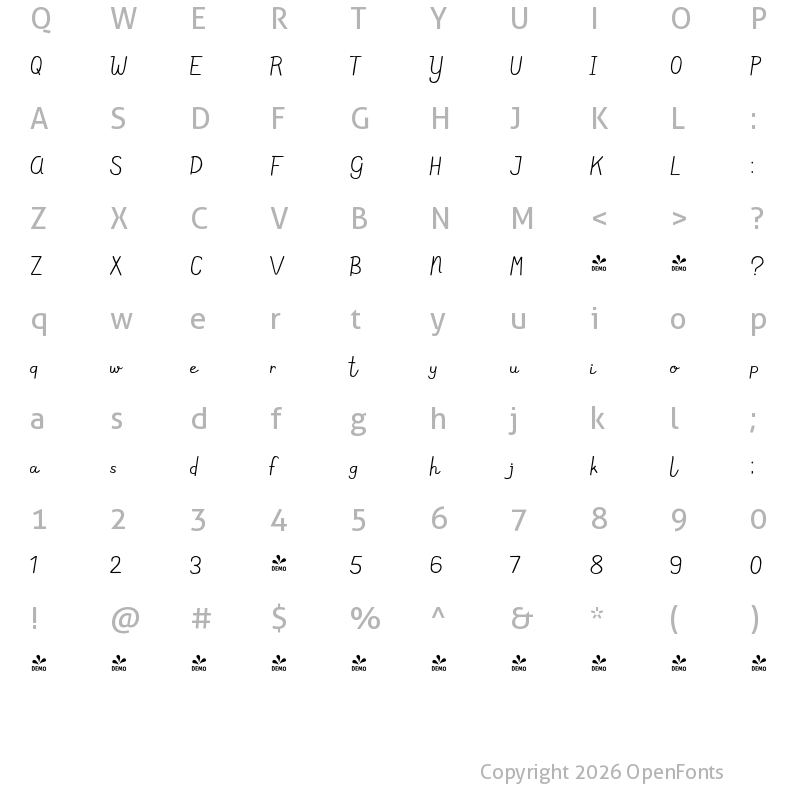 Character Map of FONTSPRING DEMO - Meltow Script Regular
