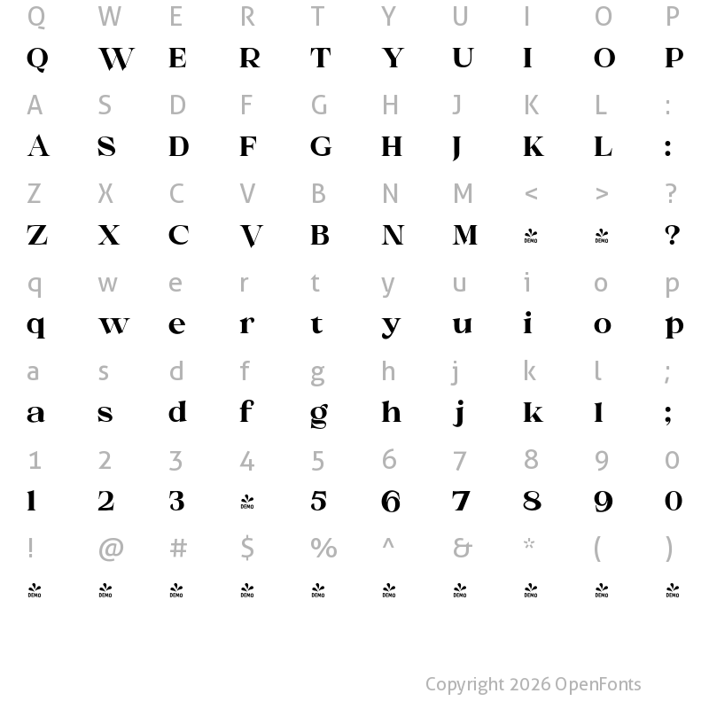 Character Map of FONTSPRING DEMO - Melville Text ExtBd Regular
