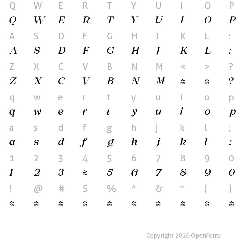 Character Map of FONTSPRING DEMO - Melville Text Light Italic
