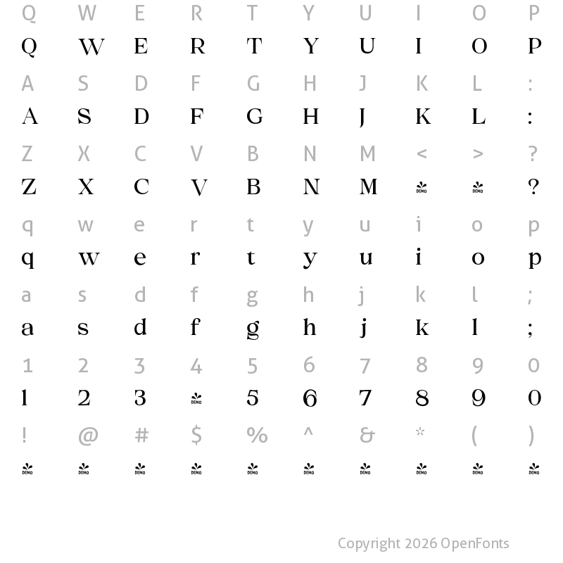 Character Map of FONTSPRING DEMO - Melville Text Light Regular