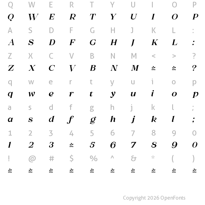 Character Map of FONTSPRING DEMO - Melville Text Med Italic