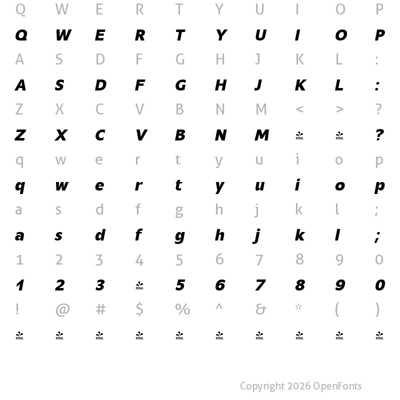 Character Map of FONTSPRING DEMO - Mensa Book Bold Italic