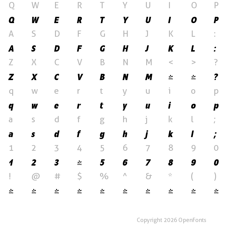 Character Map of FONTSPRING DEMO - Mensa Cond Book Bold Italic