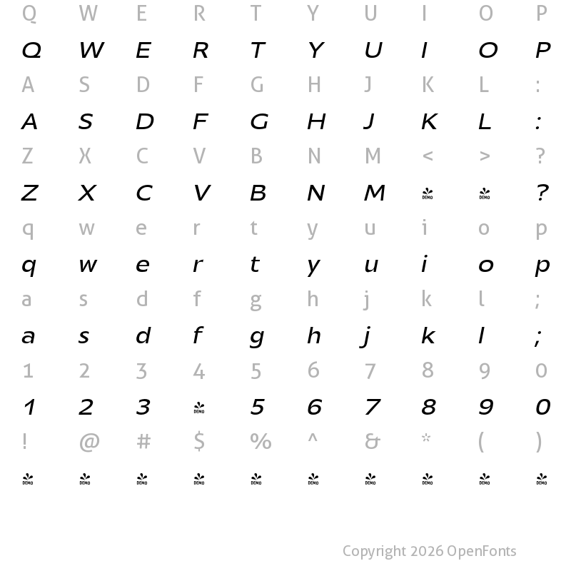 Character Map of FONTSPRING DEMO - Mensa Exp Regular Italic