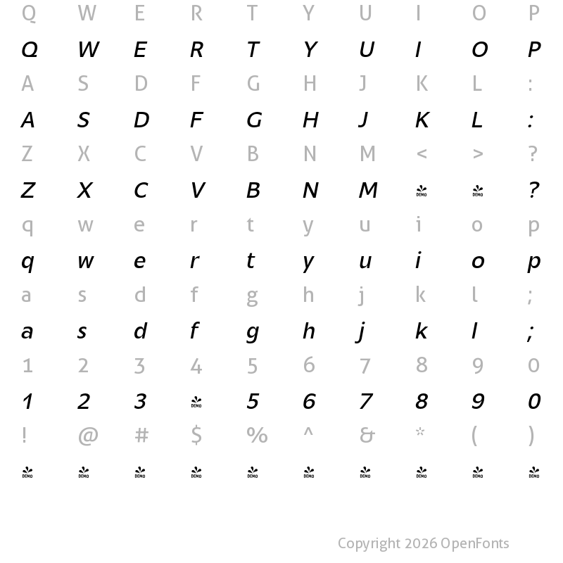 Character Map of FONTSPRING DEMO - Mensa Regular Italic