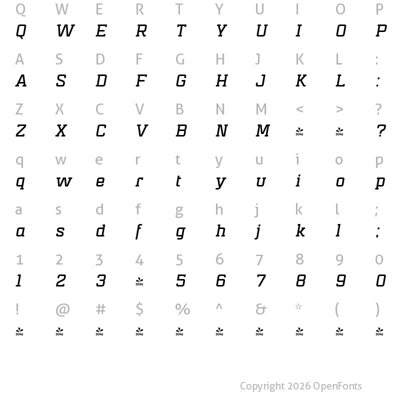 Character Map of FONTSPRING DEMO - Mensura Slab Bold Italic Regular