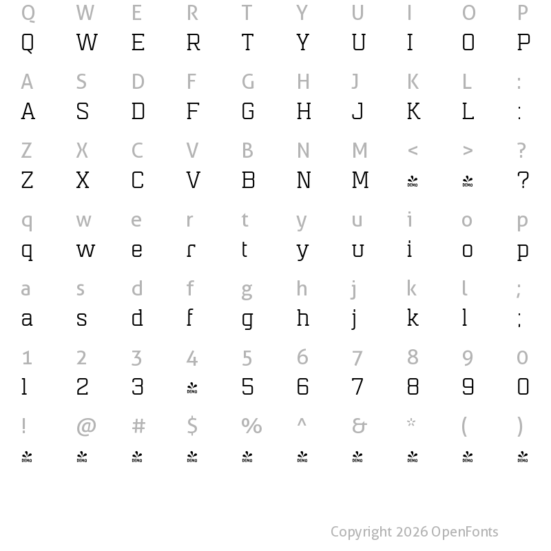 Character Map of FONTSPRING DEMO - Mensura Slab Regular Regular