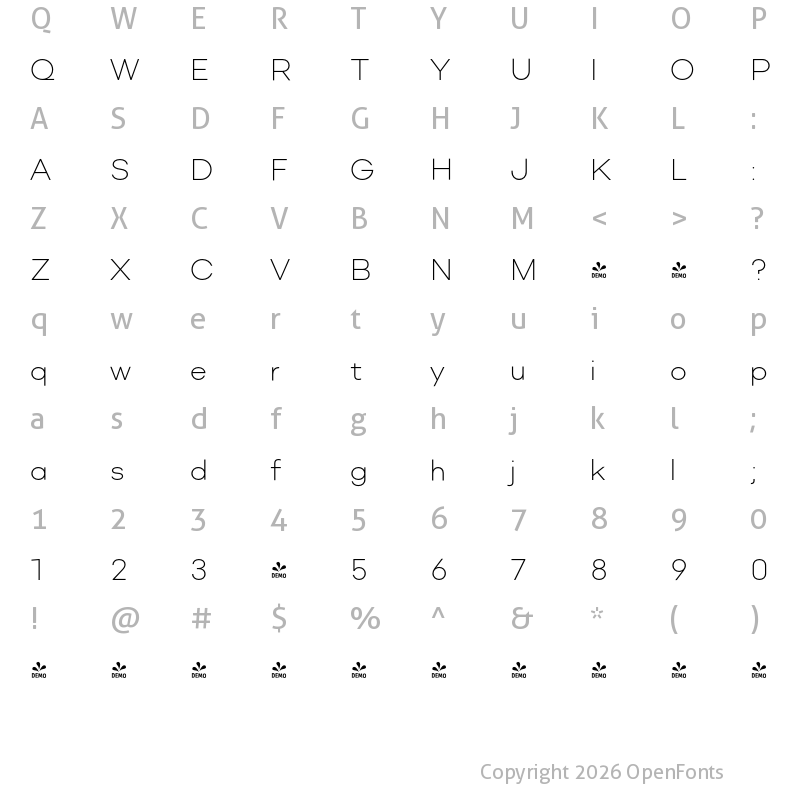 Character Map of FONTSPRING DEMO - Mercenary Thin Regular