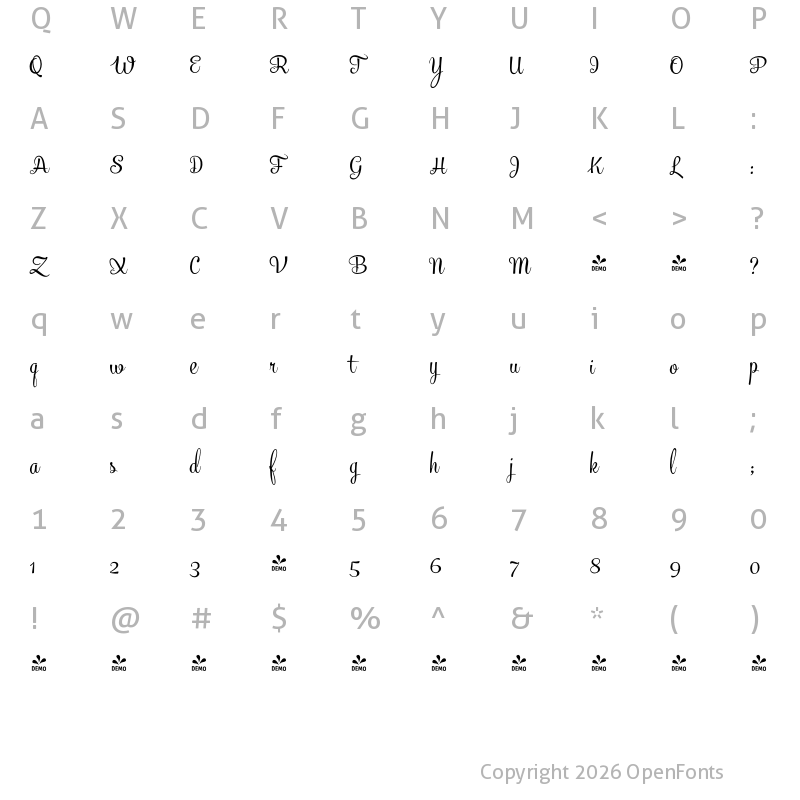 Character Map of FONTSPRING DEMO - Mercury Script Regular Regular