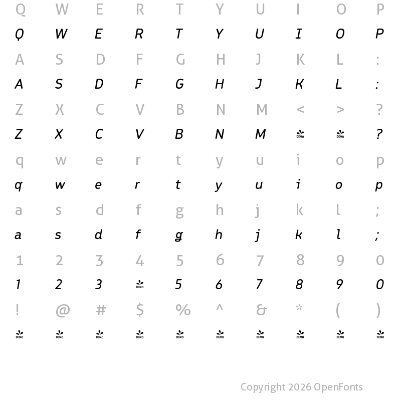 Character Map of FONTSPRING DEMO - Meridiana Pro Italic