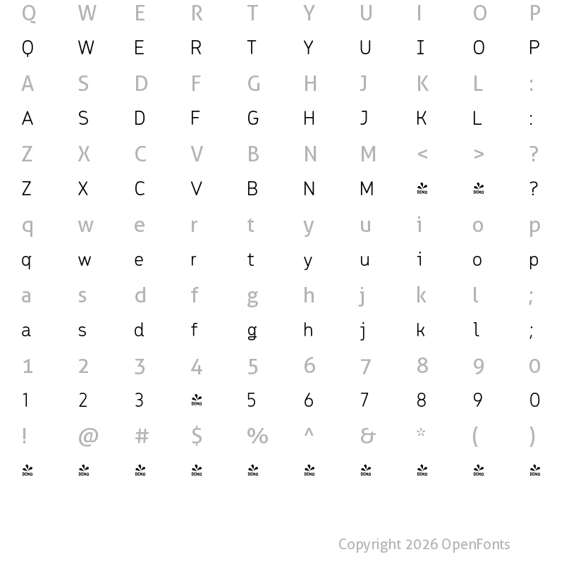 Character Map of FONTSPRING DEMO - Meridiana Pro Thin Regular