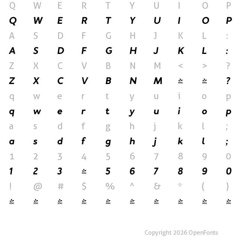 Character Map of FONTSPRING DEMO - Merlo Neue Round Bold Italic