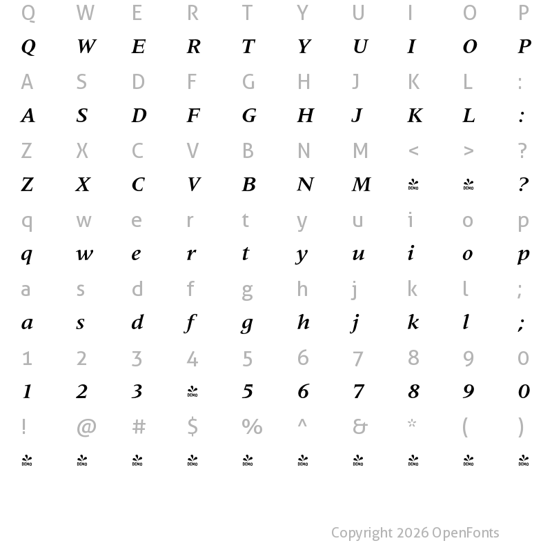 Character Map of FONTSPRING DEMO - Metaphor Bold Italic