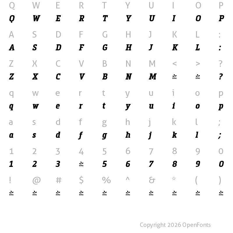 Character Map of FONTSPRING DEMO - Metronic Slab Narrow Bold Italic