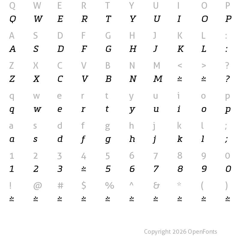 Character Map of FONTSPRING DEMO - Metronic Slab Pro Regular Italic