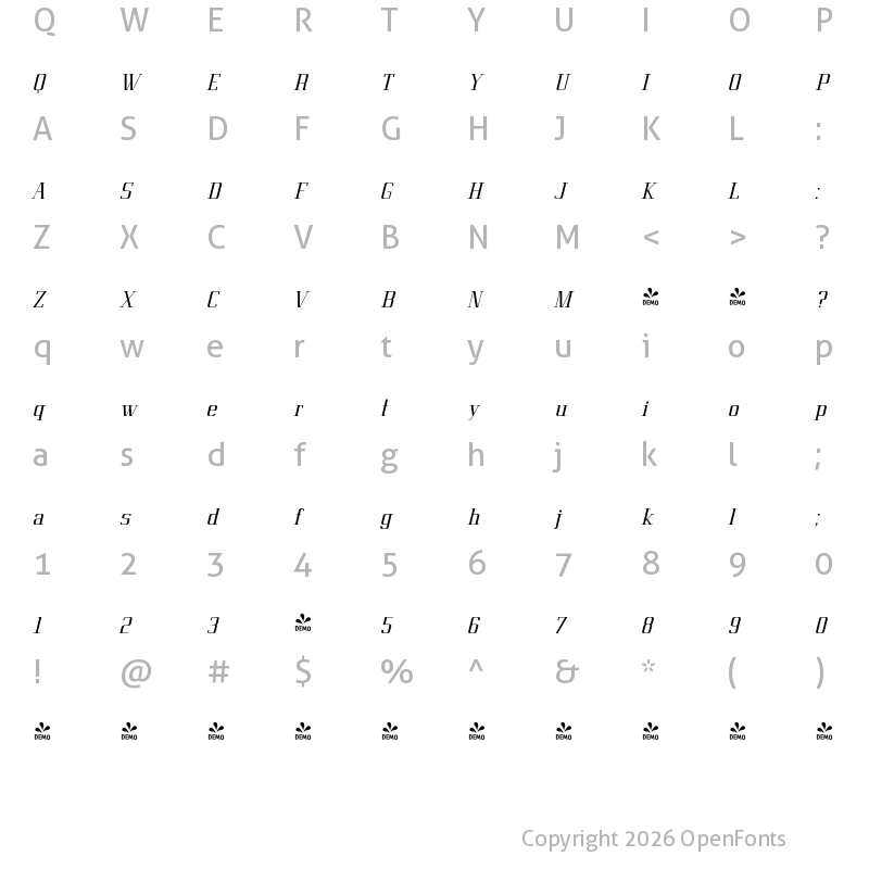 Character Map of FONTSPRING DEMO - Metropolis Italic