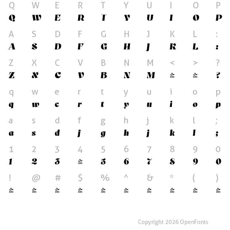 Character Map of FONTSPRING DEMO - Mezzotint CF Italic
