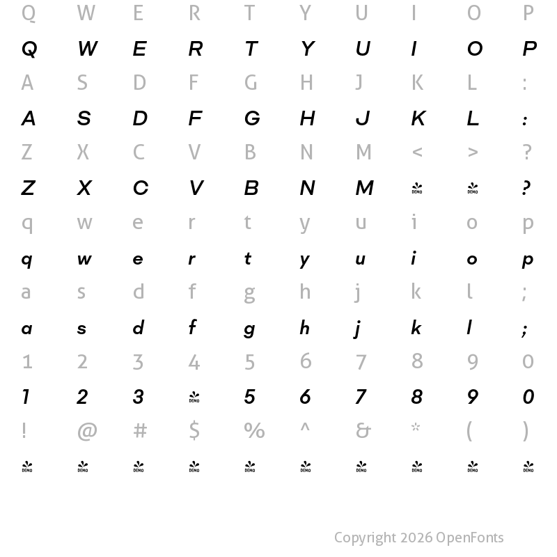 Character Map of FONTSPRING DEMO - Mid Century Sans SmBold Italic