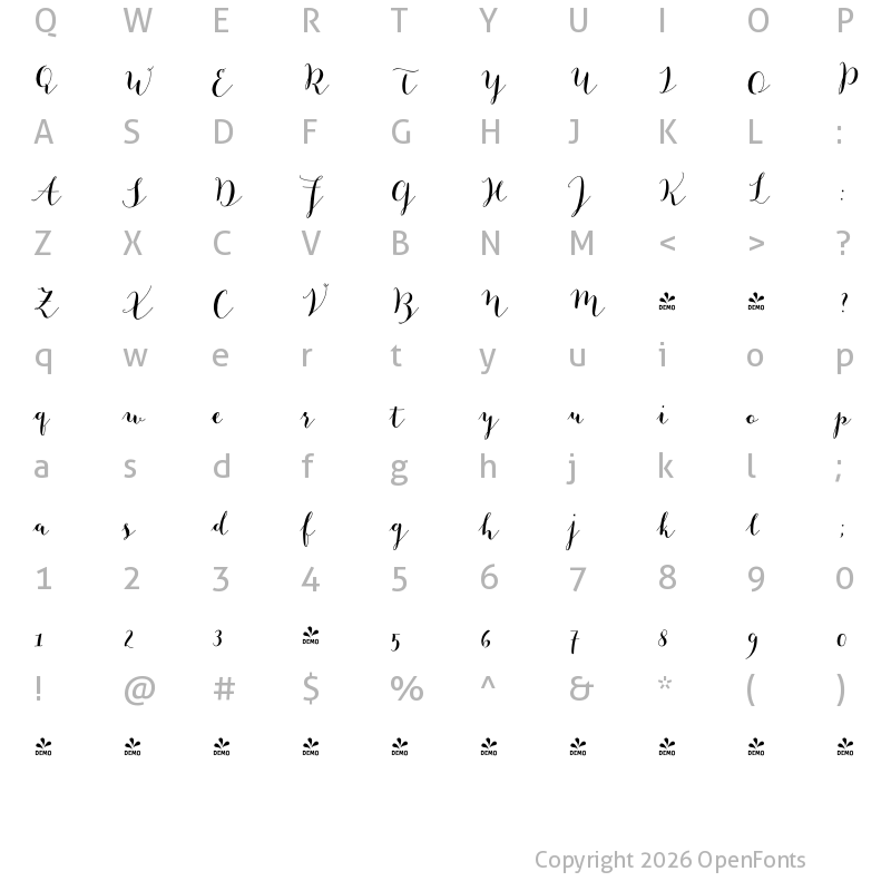 Character Map of FONTSPRING DEMO - Mila Script Pro Regular