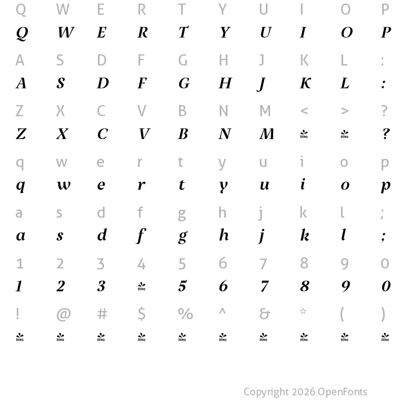 Character Map of FONTSPRING DEMO - Milas Disp Bold It Bold Italic
