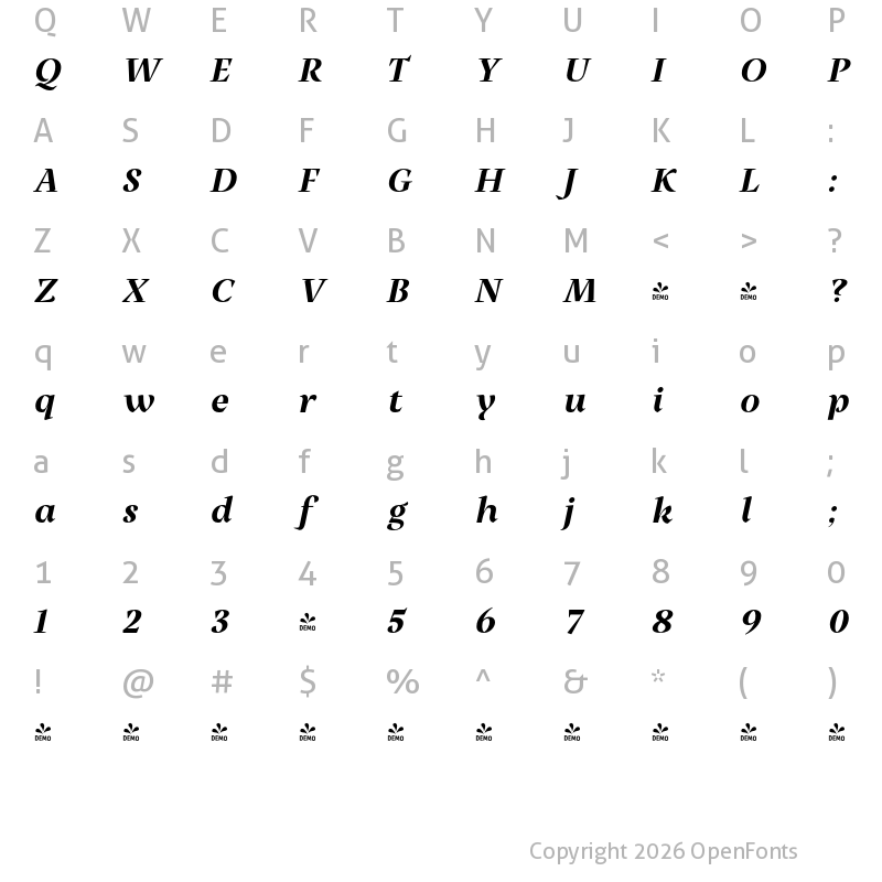 Character Map of FONTSPRING DEMO - Milas Disp Heavy It Heavy Italic