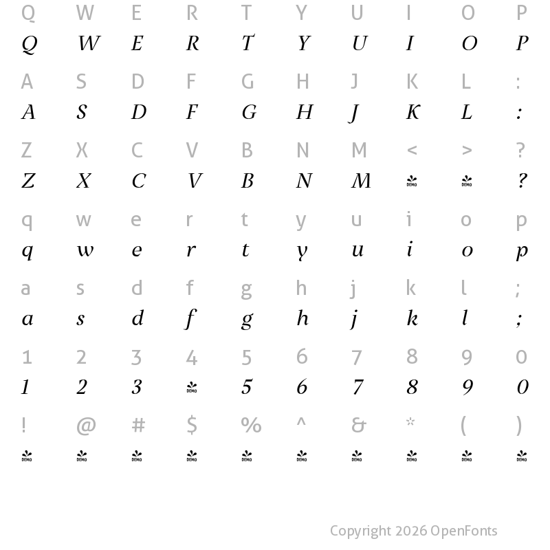Character Map of FONTSPRING DEMO - Milas Disp Regular It Italic