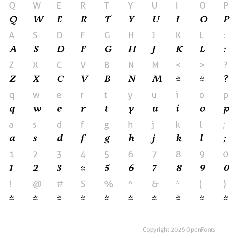 Character Map of FONTSPRING DEMO - Milas Text Bold It Bold Italic