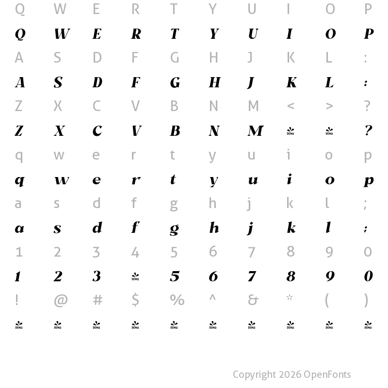 Character Map of FONTSPRING DEMO - Milk and Balls Italic Bold Italic