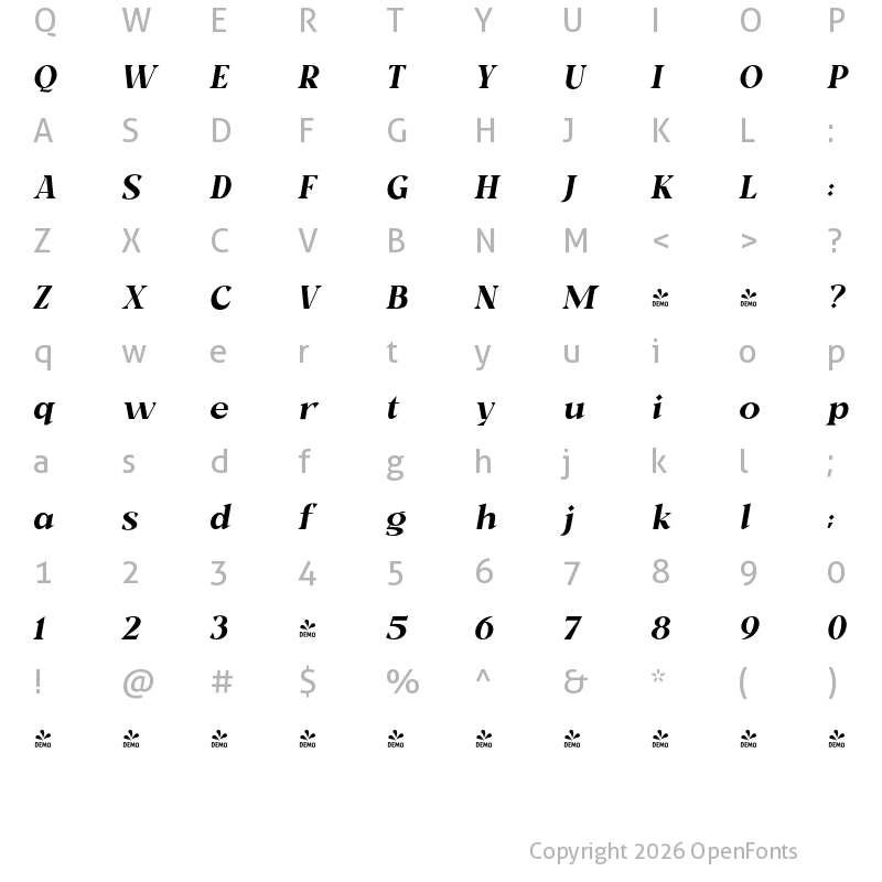Character Map of FONTSPRING DEMO - Milk and Balls Italic Demi Bold Italic