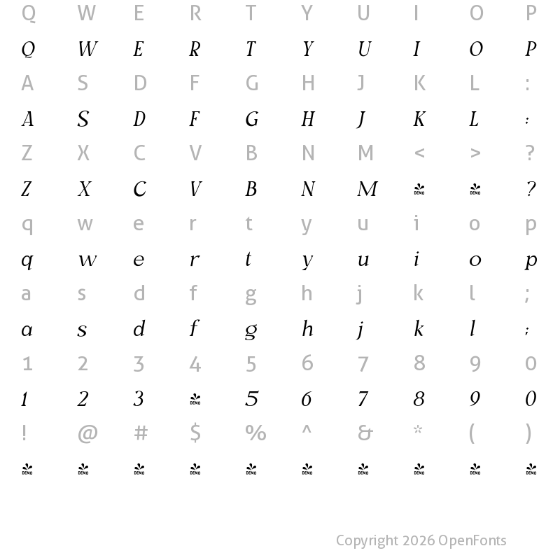 Character Map of FONTSPRING DEMO - Milk and Balls Italic Ex Light Italic