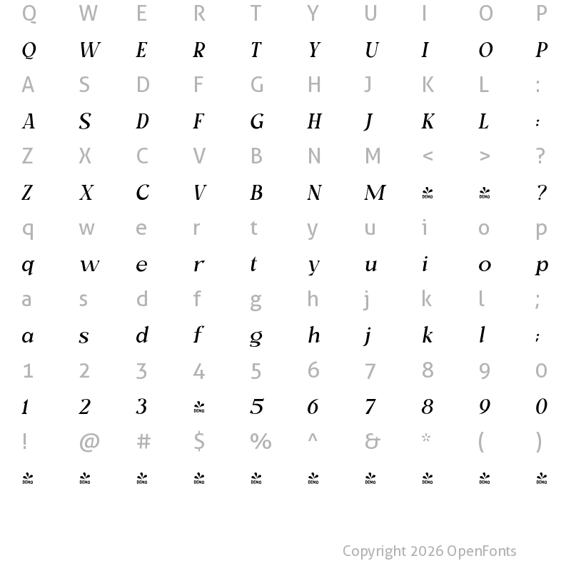 Character Map of FONTSPRING DEMO - Milk and Balls Italic Light Italic