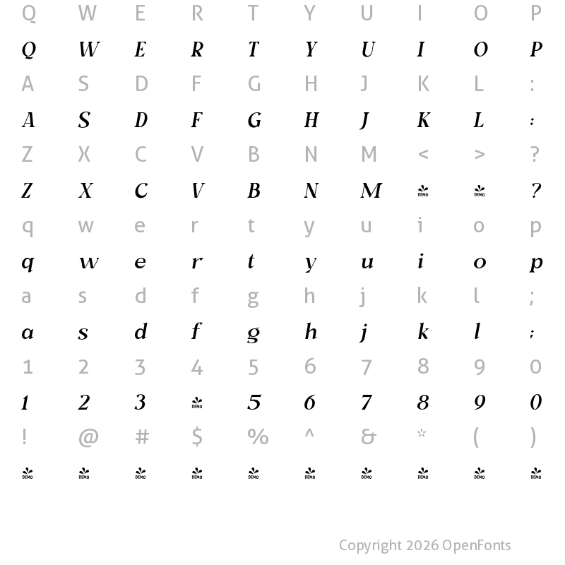 Character Map of FONTSPRING DEMO - Milk and Balls Italic Normal Italic