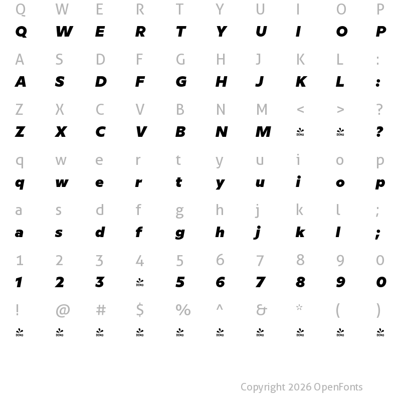 Character Map of FONTSPRING DEMO - Milliard Heavy Italic