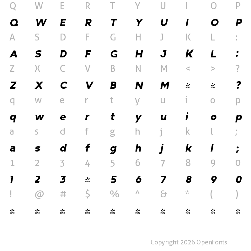 Character Map of FONTSPRING DEMO - Minork Sans ExtBlk Italic